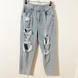 Shein High Waisted Highly Distressed Light Wash Denim Jeans Tattered Frayed 🟦👖